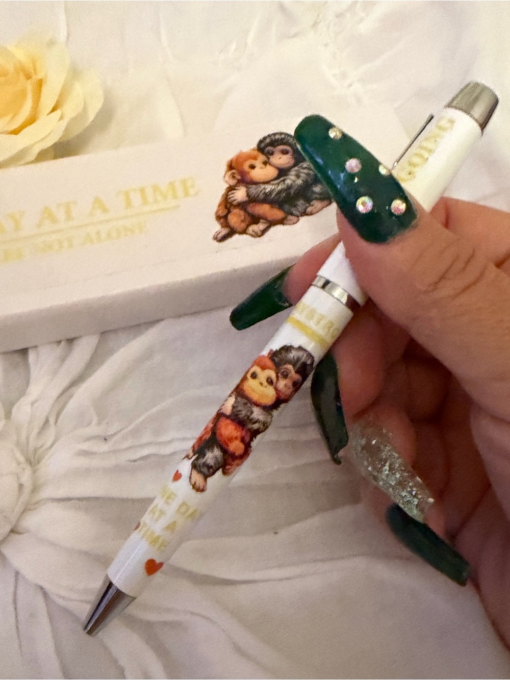 Cute Hugging Monkey Punch Ballpoint Pen White with Box With Phrase Motivational